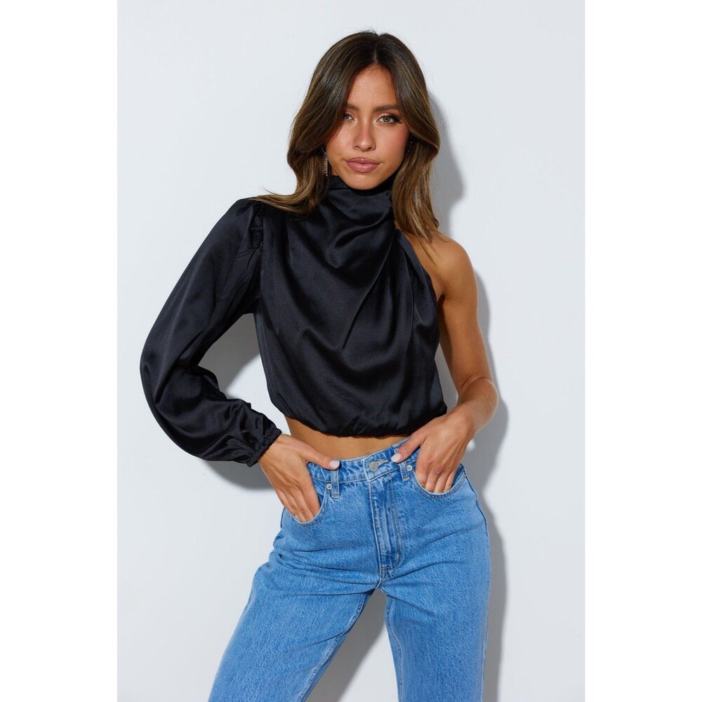 Hello Molly Deborah Satin Black One Shoulder Crop Top Party Night Out Cocktail 4